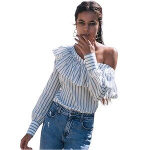 Paige Halsey One-shoulder striped blouse Papyrus China Blue white - Size XS